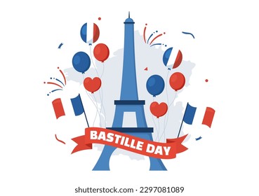 Feliz Día de la Bastilla, 14 de julio Ilustración vectorial con bandera francesa y Torre Eiffel en mano de caricatura plana dibujada para plantillas de páginas de aterrizaje