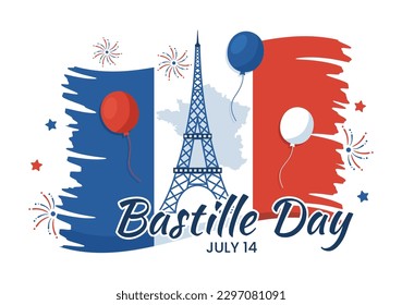 Feliz Día de la Bastilla, 14 de julio Ilustración vectorial con bandera francesa y Torre Eiffel en mano de caricatura plana dibujada para plantillas de páginas de aterrizaje