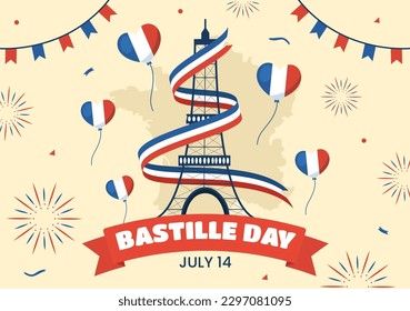 Feliz Día de la Bastilla, 14 de julio Ilustración vectorial con bandera francesa y Torre Eiffel en mano de caricatura plana dibujada para plantillas de páginas de aterrizaje