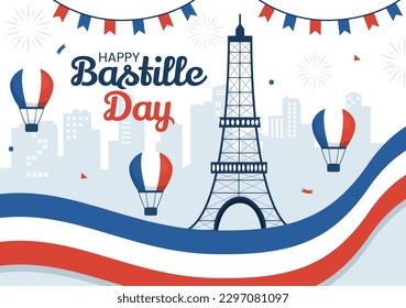 Happy Bastille Day on 14 july Vector Illustration with French Flag and Eiffel Tower in Flat Cartoon Hand Drawn for Landing Page Templates