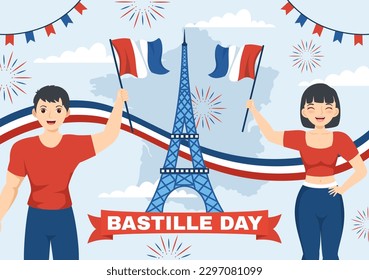 Feliz Día de la Bastilla, 14 de julio Ilustración vectorial con bandera francesa y Torre Eiffel en mano de caricatura plana dibujada para plantillas de páginas de aterrizaje