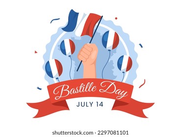 Feliz Día de la Bastilla, 14 de julio Ilustración vectorial con bandera francesa y Torre Eiffel en mano de caricatura plana dibujada para plantillas de páginas de aterrizaje