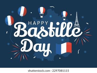 Feliz Día de la Bastilla, 14 de julio Ilustración vectorial con bandera francesa y Torre Eiffel en mano de caricatura plana dibujada para plantillas de páginas de aterrizaje