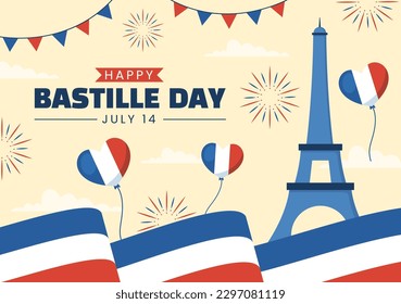 Feliz Día de la Bastilla, 14 de julio Ilustración vectorial con bandera francesa y Torre Eiffel en mano de caricatura plana dibujada para plantillas de páginas de aterrizaje