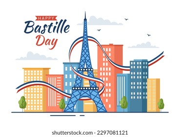 Feliz Día de la Bastilla, 14 de julio Ilustración vectorial con bandera francesa y Torre Eiffel en mano de caricatura plana dibujada para plantillas de páginas de aterrizaje