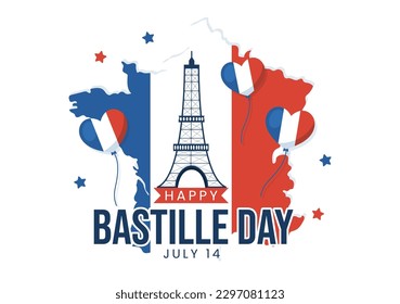 Feliz Día de la Bastilla, 14 de julio Ilustración vectorial con bandera francesa y Torre Eiffel en mano de caricatura plana dibujada para plantillas de páginas de aterrizaje