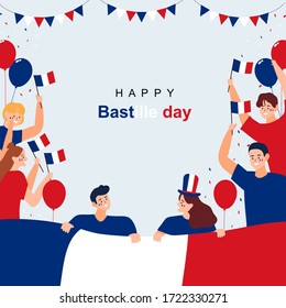 Happy bastille day. People are shaking the national flag. Hand drawn Flat vector illustrations. People Celebrate cartoon character. 