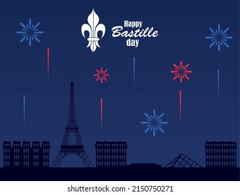 happy bastille day postcard with paris cityscape