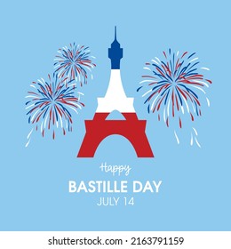 Happy Bastille Day Poster with Eiffel Tower vector. Eiffel Tower with fireworks icon isolated on a blue background. Eiffel Tower in colors of French Flag vector. July 14. French national holiday