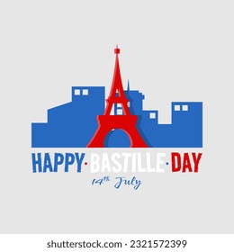 Afiche del Feliz Día de la Bastilla con torre de eiffel frente a la ciudad