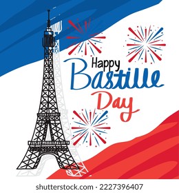 happy bastille day poster with tower eiffel