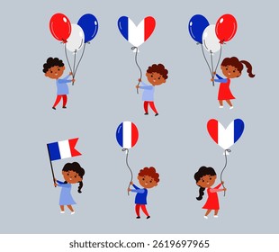 Happy Bastille Day. set icon for greeting card design. festive balloons. Cute child cartoon character. Vector  flat cartoon Illustration.