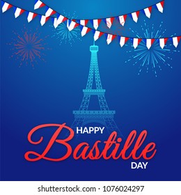 Happy Bastille Day with shiny eiffel and firework decorated template or banner design.