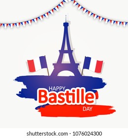 Happy Bastille Day with shiny eiffel and flags, poster or banner design.