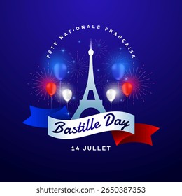 Feliz dia da bastilha projeto de fundo de mídia social, banner quadrado e modelo de saudação da comemoração do dia nacional francês 14 de julho
