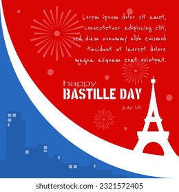 Feliz Día de la Bastilla con bandera francesa y silueta de torre de eiffel