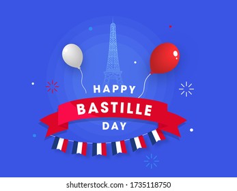 Happy Bastille Day Text with Balloons and Bunting Flags on Eiffel Tower Blue Background.