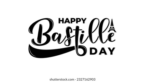 Happy Bastille Day text lettering Vector illustration. Handwritten modern calligraphy in black color. French National Day poster and concept design. Great use for posters, cards, and flyers.