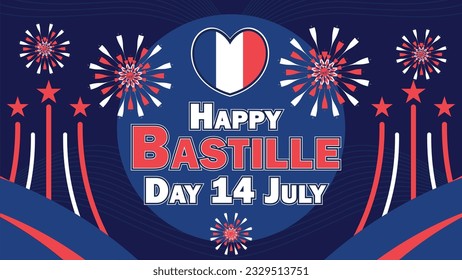 Happy Bastille Day vector banner design with retro geometric shapes design, Bastille flag and color pallet, fireworks and typography. Bastille Day modern minimal graphic poster illustration .