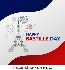 happy bastille day vector, eiffel tower on france flag and fireworks