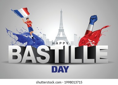 happy bastille day. vector illustration of French man with flag and 3d letter. poster, banner , template design