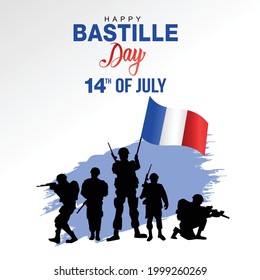 happy bastille day. vector illustration of French army with flag. white background