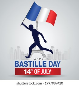 Happy bastille Day Vector Template Design Illustration design. silhouette man running French flag