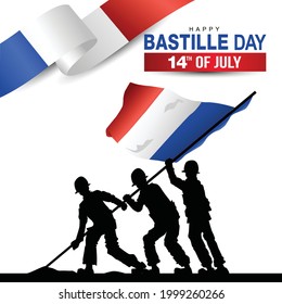 Happy bastille day Vector Template Design Illustration. silhouette soldiers raising with flag