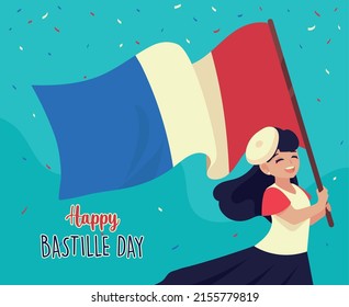 happy bastille day, woman with france flag