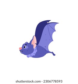 Happy bat flying, cute Halloween character - cartoon flat vector illustration isolated on white background. Cheerful animal drawing, great for kids designs.