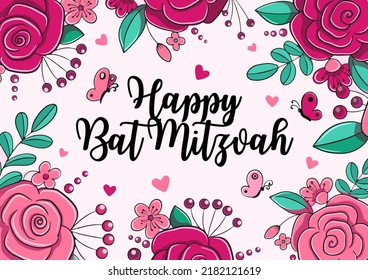 Happy Bat Mitzvah Invitation Or Congratulation Card. Holiday For A Jewish Girl. Vector Illustration