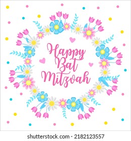 Happy Bat Mitzvah Invitation Or Congratulation Card. Holiday For A Jewish Girl. Vector Illustration