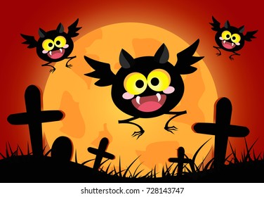 Happy bats with orange full moon background. halloween concept vector illustration.
