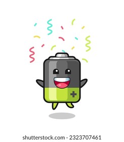 happy battery mascot jumping for congratulation with colour confetti , cute style design for t shirt, sticker, logo element