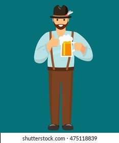 Happy Bavarian man holding a glass of beer. flat vector illustration isolated on white background