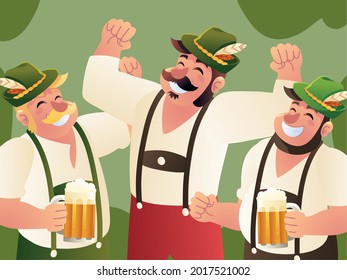 happy bavarian men celebration with beers