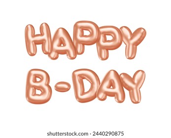 Happy b-day 3d balloon letters. Birthday short phrase with glossy effect in gold color. Shiny greeting text. Vector cartoon illustration. Isolated design element.