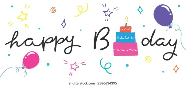 Happy B-day birthday greeting card with a hand drawn calligraphy and cartoon festive elements. Vector illustration