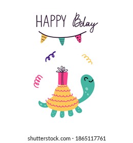 Happy Bday. Birthday Postcard In Primitive Minimalist Style, Cute Turtle With Festive Presents And Gifts, Kids Greeting Or Invitation Card Modern Party Poster Flat Vector Doodle Isolated Illustration