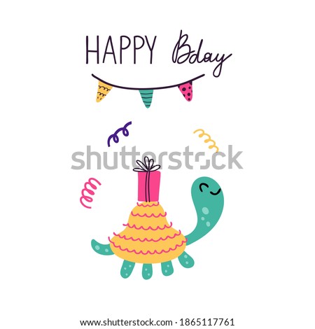 Happy bday. Birthday postcard in primitive minimalist style, cute turtle with festive presents and gifts, kids greeting or invitation card modern party poster flat vector doodle isolated illustration