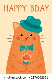 Happy Bday Card with Cute Red Cat in a Hat. Vector Illustration. Funny pet in a bow tie and with a flower. Cat congratulates on the Birthday. Hand drawn design in flat cartoon style. 