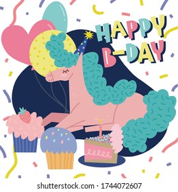 Happy B-Day cartoon typography with cute pink horse character, balloons and cakes vector greeting card template. 