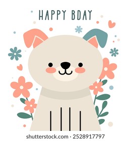 Happy Bday Cute Dog Vector Card in Pastel Color Palette