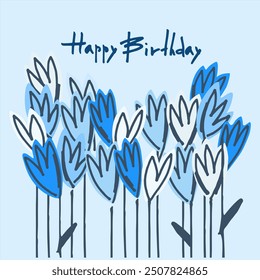 Happy Bday greeting card design. Pastel Floral decoration and hand-lettered greeting phrase.