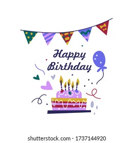 Happy Bday Quote For Greeting Card. Anniversary Cake With Candles. Pastry Flat Vector Design Element On White Background.