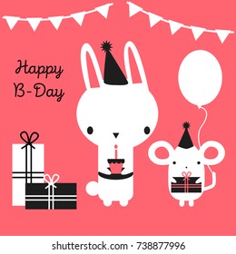 Happy B-day with rabbit, mouse, cake and gifts and balloon for birthday greeting card design 