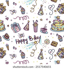 Happy Bday seamless pattern, doodle style. Hand drawn illustration. Party elements background.