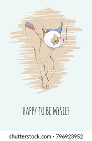 Happy to be me line art 8 march greeting card with woman figure holding heart shaped sweets.