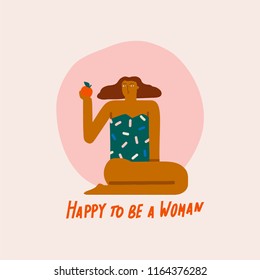 Happy to be a women text quote poster with girl sitting in bikini with a apple