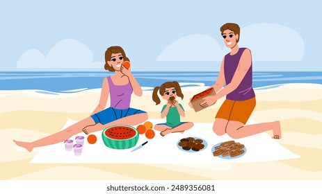 happy beach picnic family  vector.  vacation woman, eating nature, mother couple happy beach picnic family character. people flat cartoon illustration